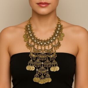 Bohemian Gold-Tone Coin Crystal  Statement Necklace 16” with 6” Drop & 3” Extend